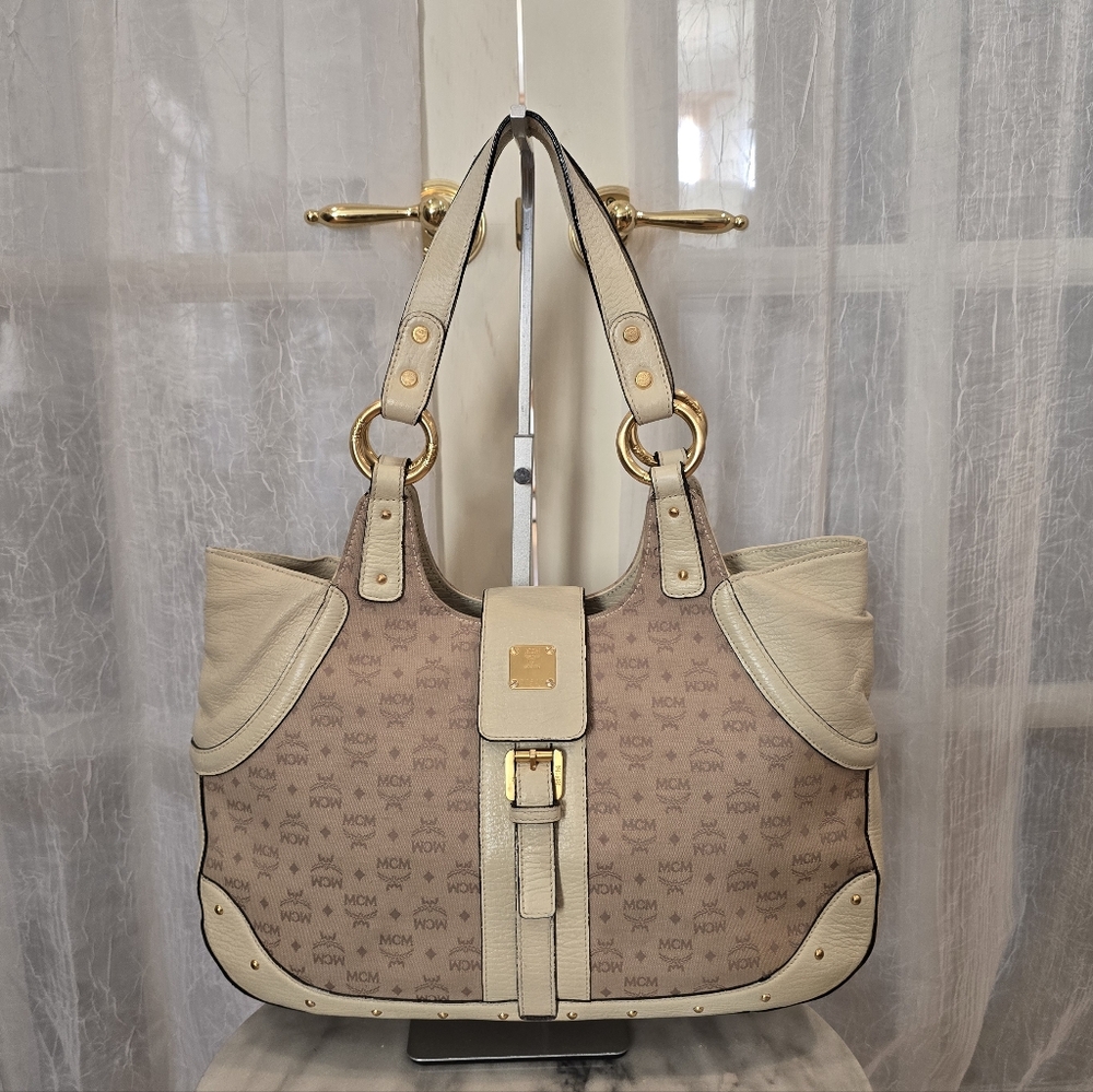 MCM Tan and Cream Visetos Shoulder Bag